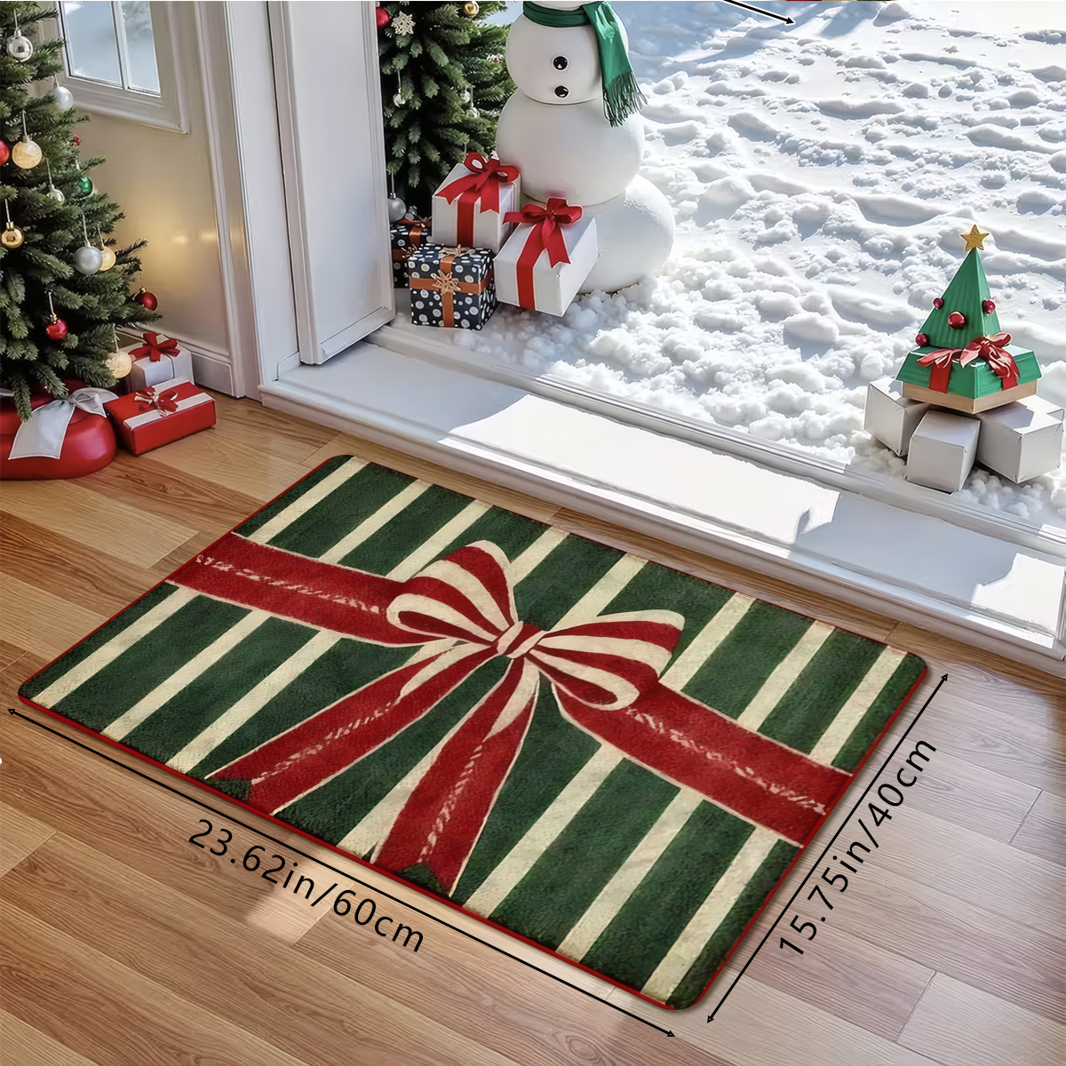 TEMU 1pc Vintage Red And Green Striped Christmas Doormat, Festive Bow Pattern Welcome Mat, Non-slip Entryway Rug, Soft Absorbent Bath Mat, Christmas