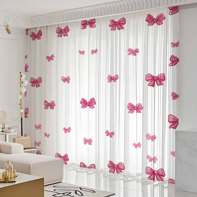 TEMU 2 Sweet-style Sheer Curtains With Pink Bow Patterns, Softening Light, Providing Privacy, Designed For With Rod Pockets, Multifunctional Home