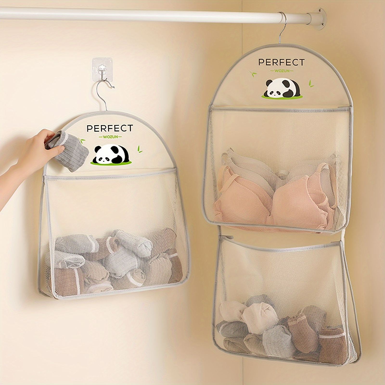1 pack panda design hanging mesh organizer breathable polyester underwear socks storage with multiple compartments space saving wall or door hanging organizer for closet bathroom bedroom kitchen bathroom storage organizer clear compartments underwear drawer organizer Product details 0