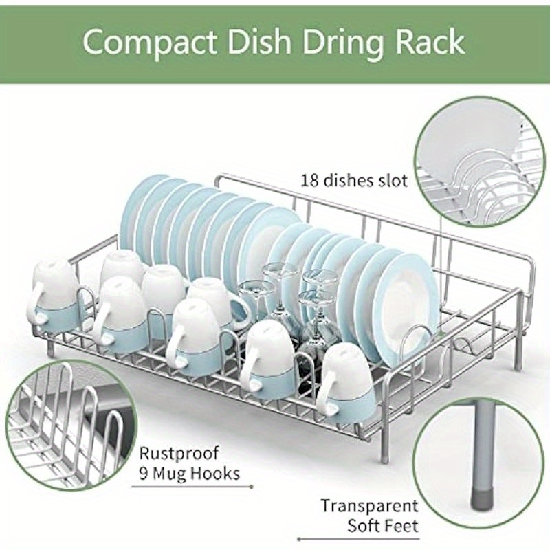 large capacity   metal dish drying rack with 18 dish slots 9 mug hooks foldable space saving design non slip rubber feet no assembly needed for kitchen countertop or cabinet storage 16 38x12 59x4 72 inches kitchen dish drying rack   sturdy construction home cooks Product details 6