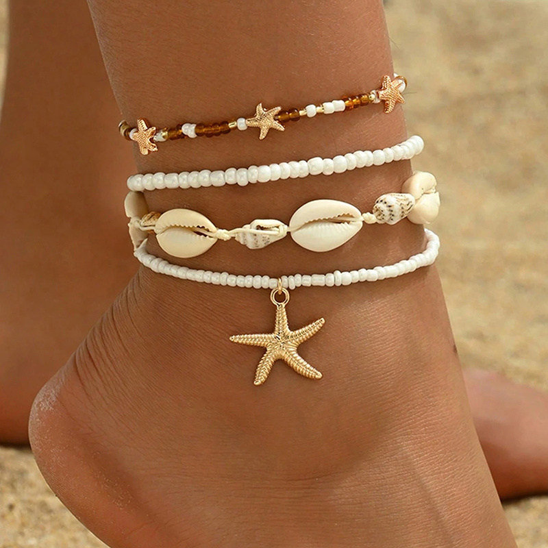 TEMU 4pcs Summer Beach Vacation Artificial Starfish Mixed Color Beaded Anklet Bohemian Artificial Shell Handmade Woven Anklet Set, Women's Anklet,