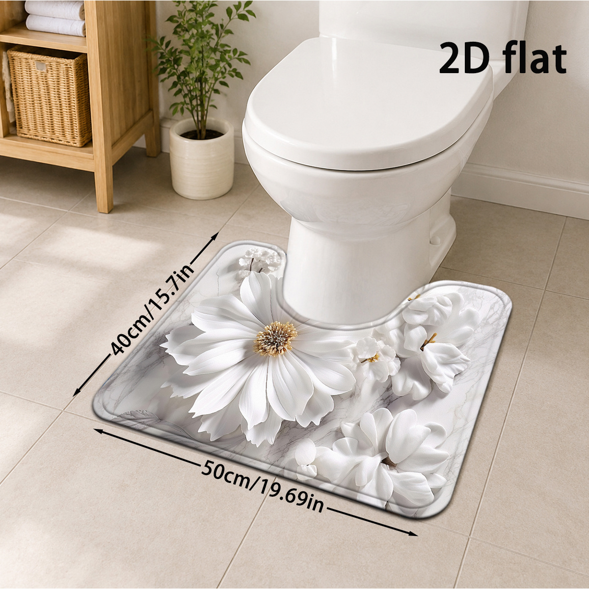 TEMU 2d Flat, 2d Flat, [2d Flat] 1pc White 3d Floral Bathroom Mat Nordic Style Modern Easy Style Mat U-shaped Toilet Mat Soft Thick Absorbent Pad