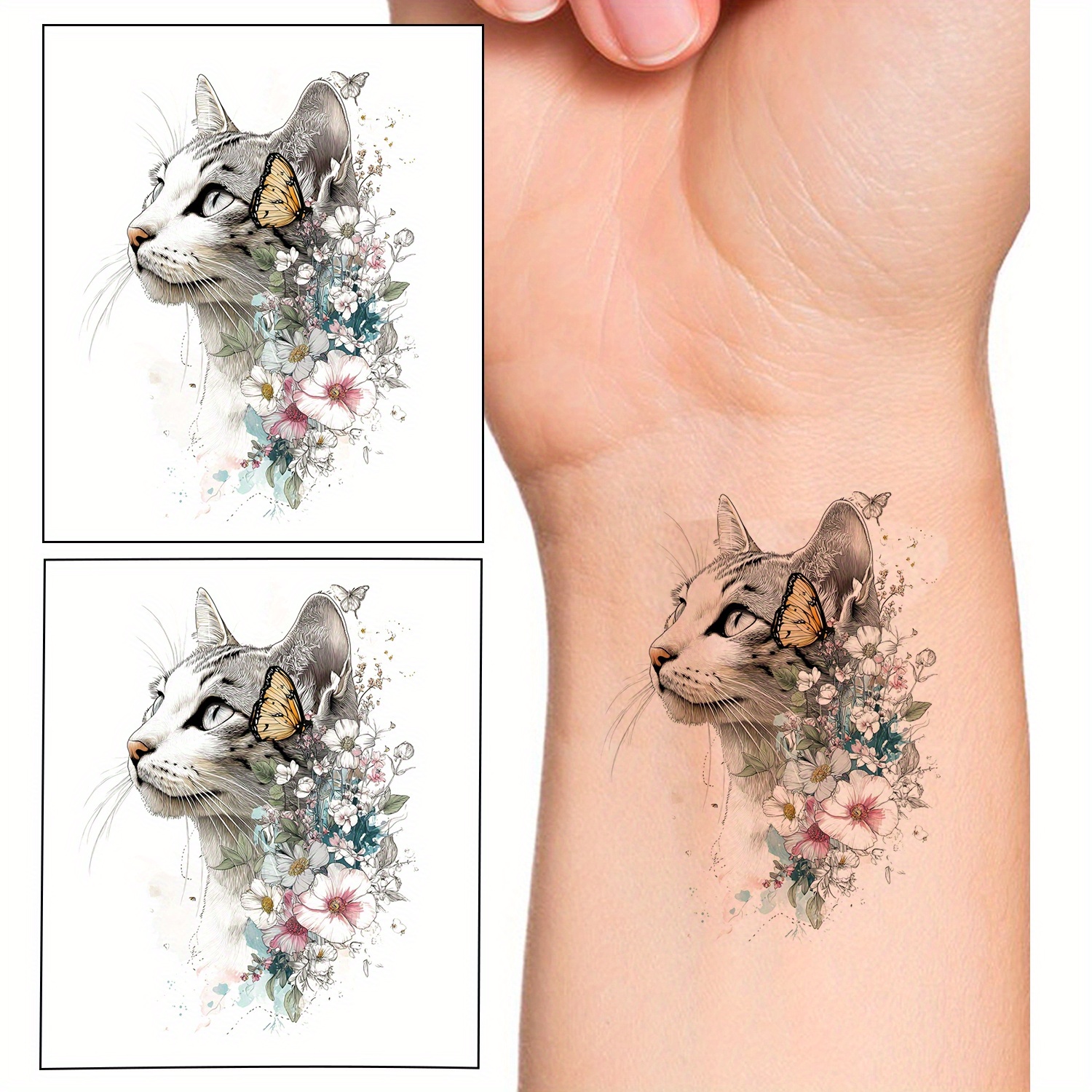 Image of 2 Sheets Realistic Flower Cat Temporary Tattoos Tattoo Body Art Stickers For Party Decor & Favors Fake Tattoos Neck Arm Chest For Women Men Adults