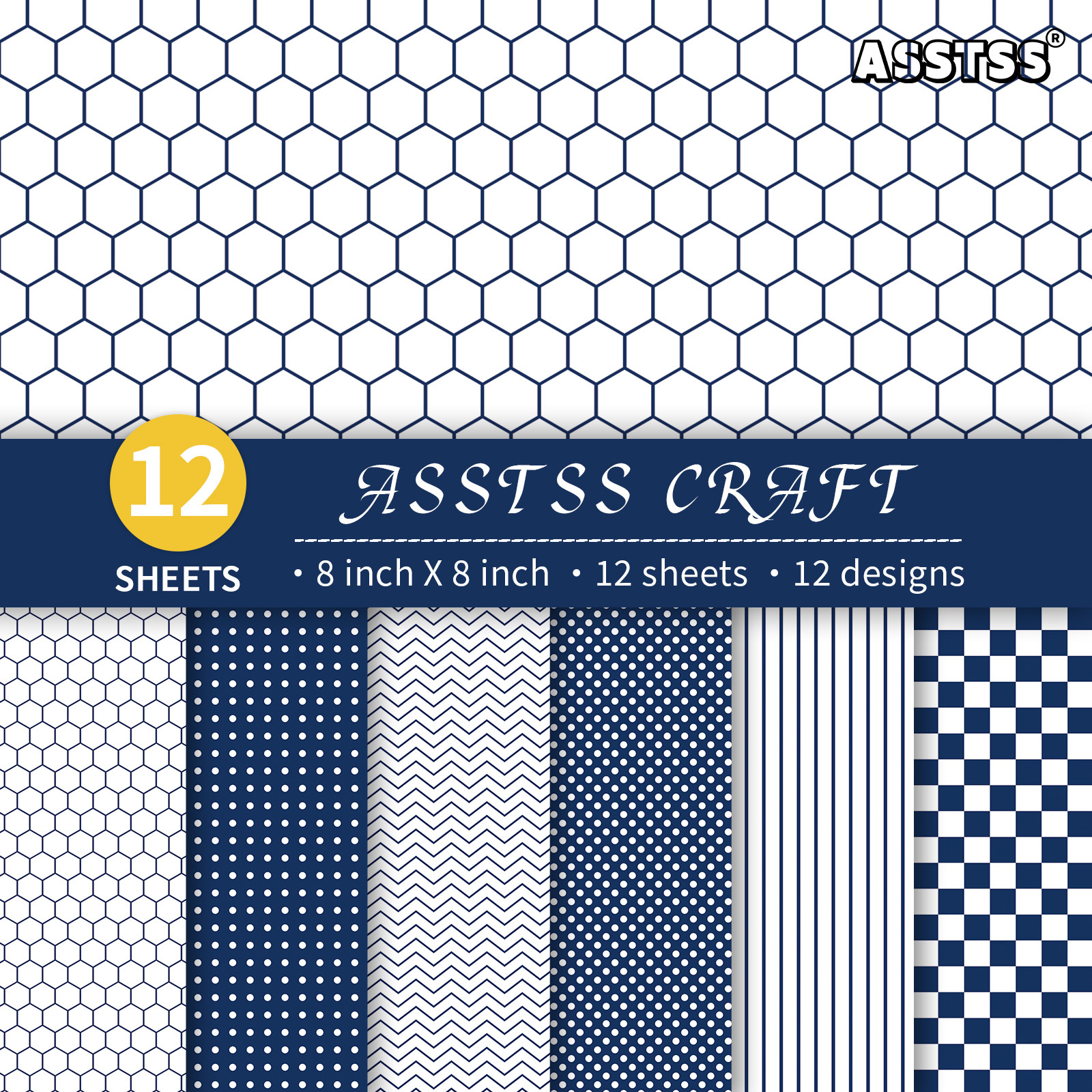 TEMU 12-sheet Asstss Heavyweight Scrapbooking Paper Pad - Navy Geometric & Suitable For Journaling, Collage Art, Cardmaking, Retro Minimalist Backing