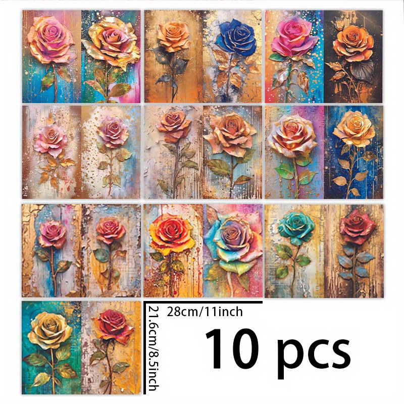 TEMU 1 Set Of 10 Sheets (11*8.5 Inches) Oil Painting Rose Background Material For Decoration, Diary, Junk Journal, Greeting Card, Planner, Background