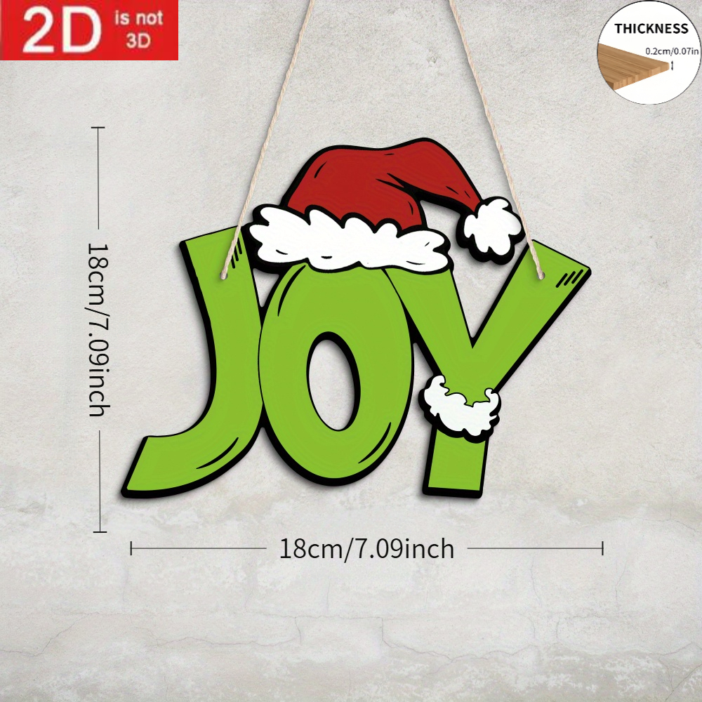 TEMU 2d Flat, 1pc Putuo Decorative Christmas "joy" Wooden Hanging Wall Sign - Green And With White Outline, Santa Hat - Durable Wood, Modern Holiday