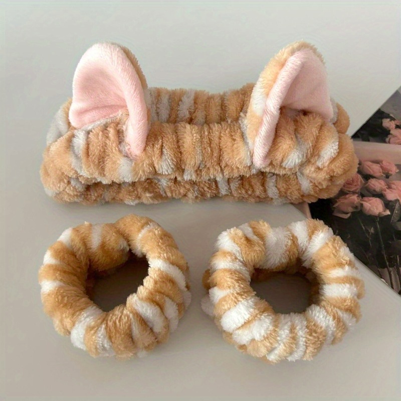 TEMU 3pcs Leopard Print Cat Ear Plush Headband Set - Elastic Soft And Cozy Face Washing Makeup Spa - Ideal Valentine's Gift, Cute Cat Ears Headbands,