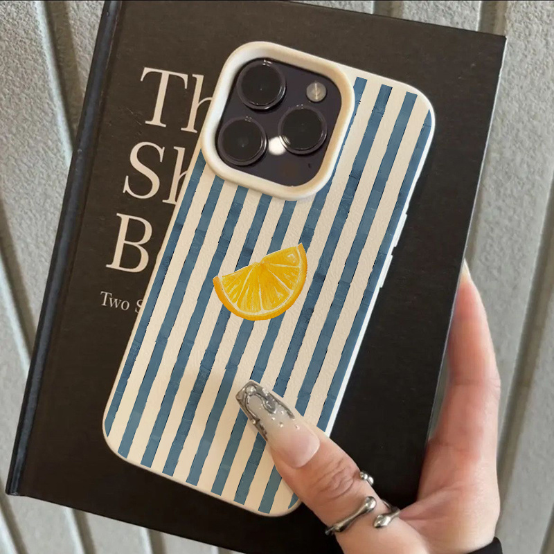 1pc Blue Striped Lemon Trendy Pattern Lychee Texture Phone Case For Iphone 17, 16, 15, 14, 13, 12, 11 Pro Max, Air, X, Xr, Xs, 8, 7 Plus