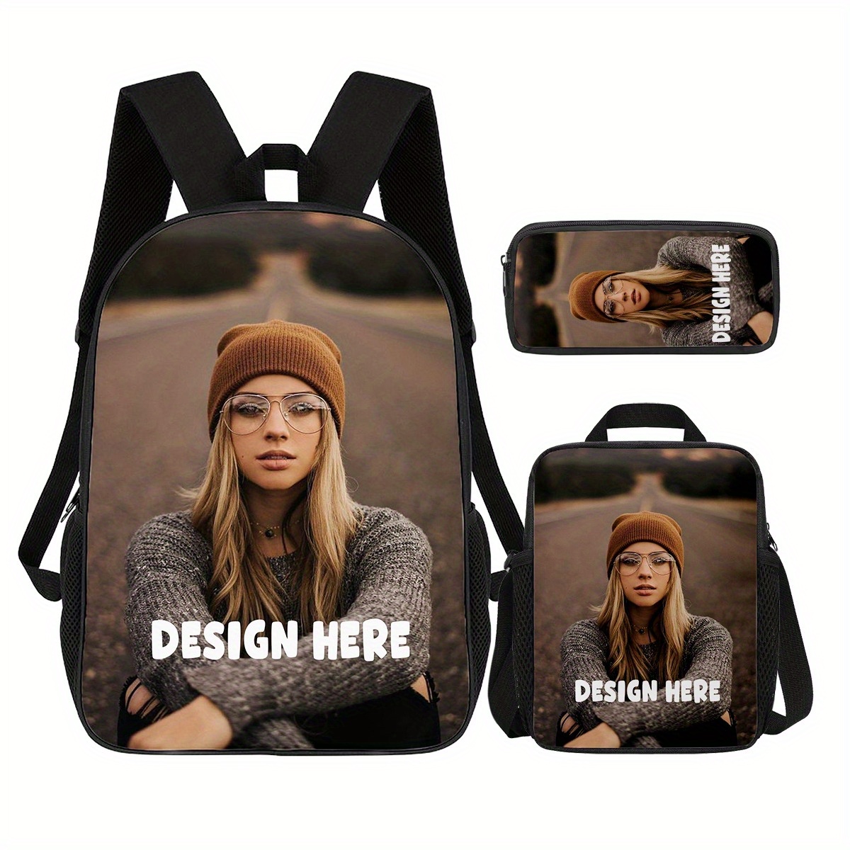 TEMU Juego de Mochila Personalizada de 3 Piezas, Imágenes/Texto/Logotipo a Medida, Bolso Escolar con Lonchera y Estuche para Lápices, Regalo de para