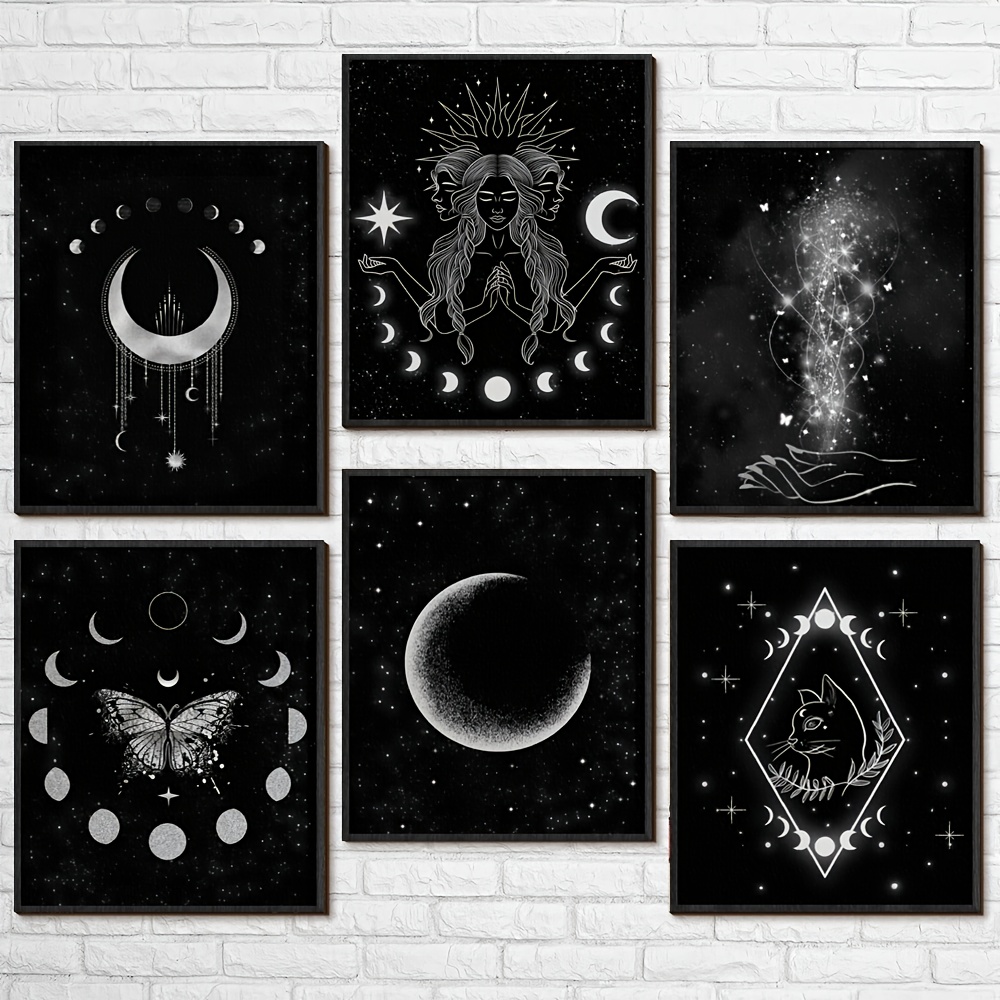 TEMU Ensemble de 6 décorations murales en bois sur le thème des phases, style bohème minimaliste, peinture murale de sorcière étoile de phase, œuvre