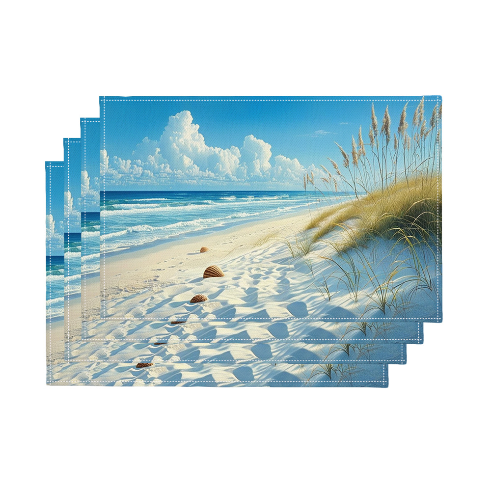 Lot de 4 sets de table thème plage avec vagues et coquillages_voghion.com