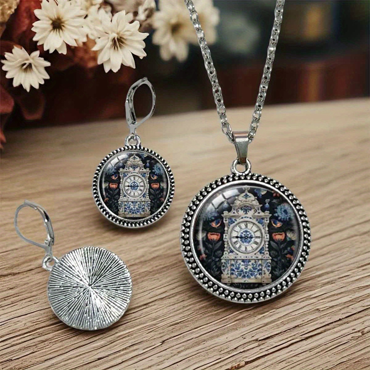 3pc Vintage Clock & Floral Design Earrings and Necklace Set