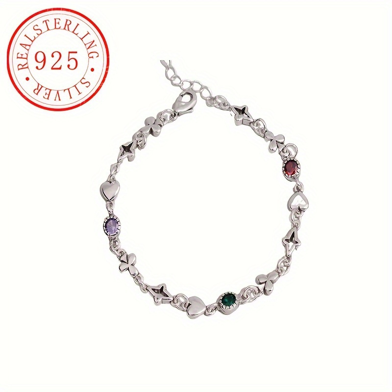 TEMU Luxury 925 Sterling Silver Xingx Charm Bracelet With Colorful Cubic Zirconia-perfect Gift For Her, July Birthday Stone, Suitable For