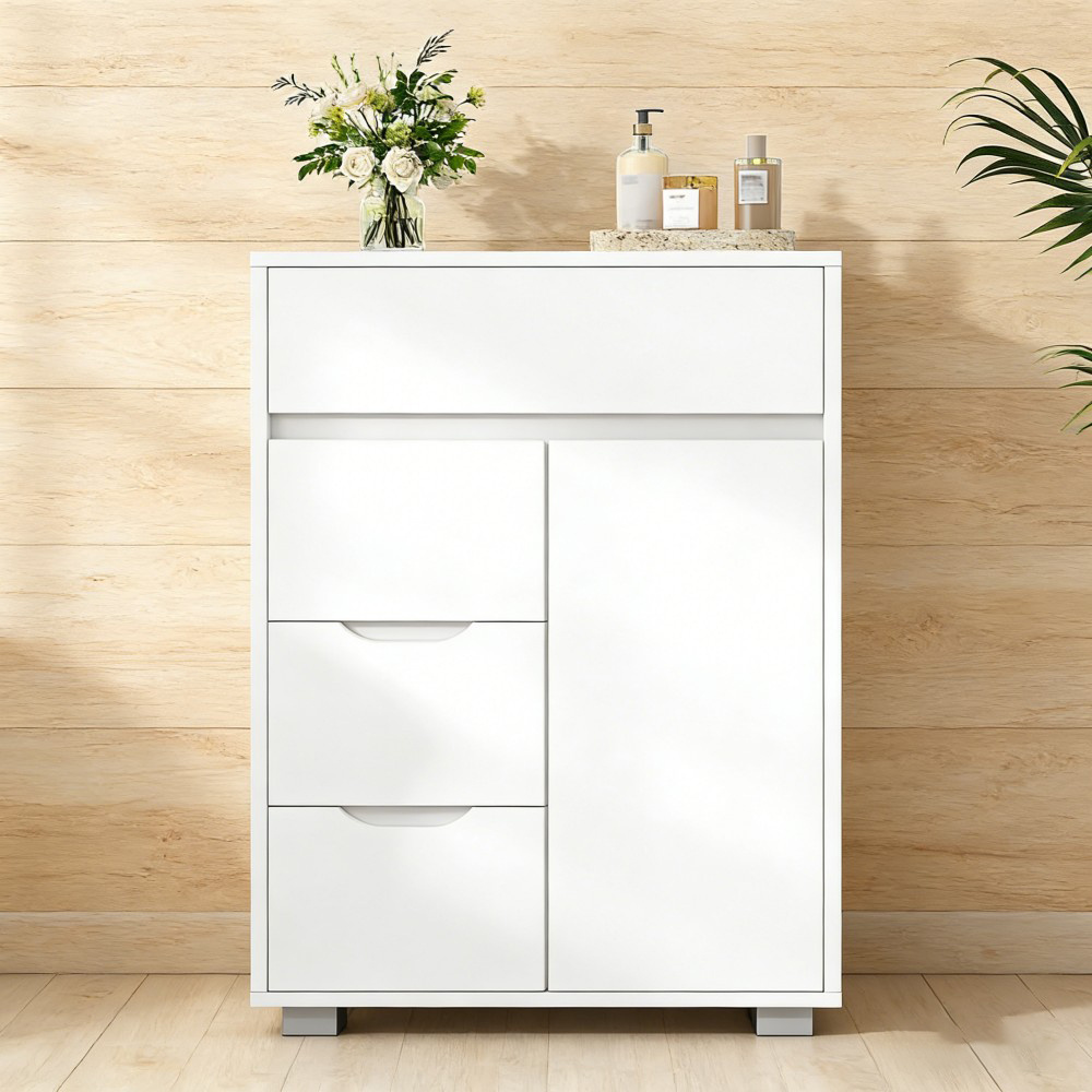Bathroom Cabinet, Bathroom Storage Cabinet With Adjustable Shelf, Dresser With 4 Drawers & 1 Cabinet Door, Modern For Living Room Bathroom, 30 X 55 X 82cm White