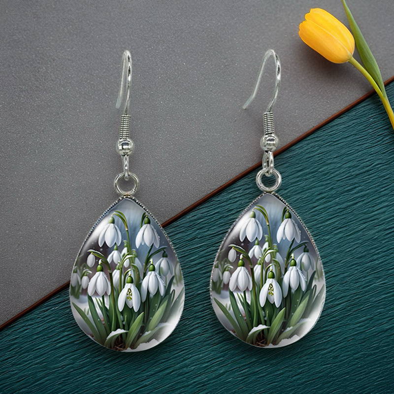 TEMU 1 Pair Snowdrop Teardrop Earrings Handmade Glass Dome Dangle Earrings Jewelry Gifts