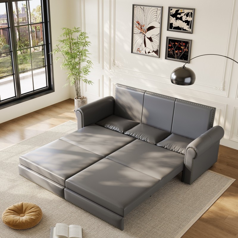 Modern Convertible Sofa Bed 93.7' Space-Saving Sleeper with Pull-Out Design Three-Seater Leather Folding Transformable Durable Luxurious Suitable Adjustable Backrest Plush Cushions Cozy for Living Room