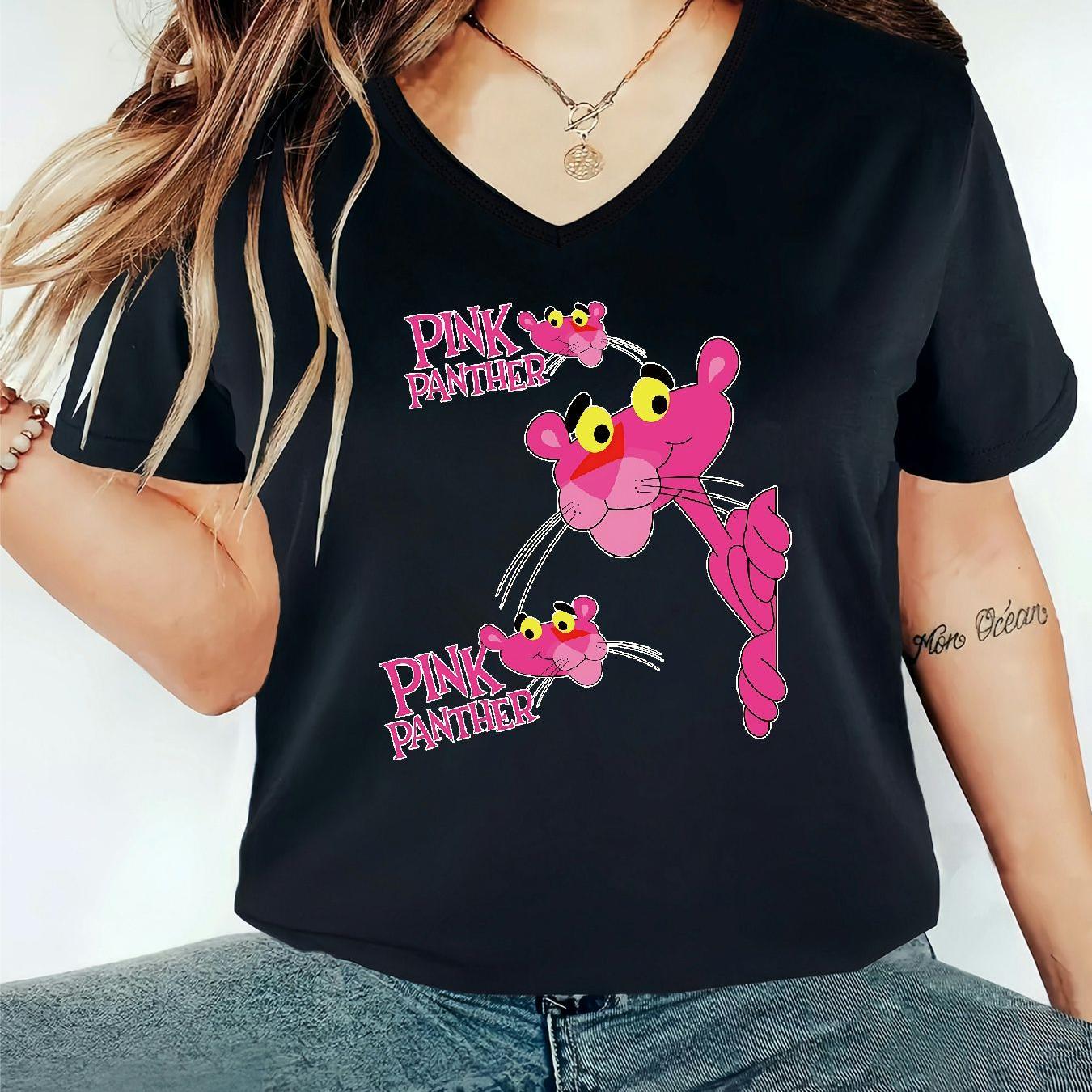 

Women's Plus Size Casual V-neck T-shirt, 95% Polyester 5% Elastane, Pink Panther Cartoon Print, Short Sleeves, Knit Fabric, Stretch, Regular Length, Pullover Style For Spring/summer