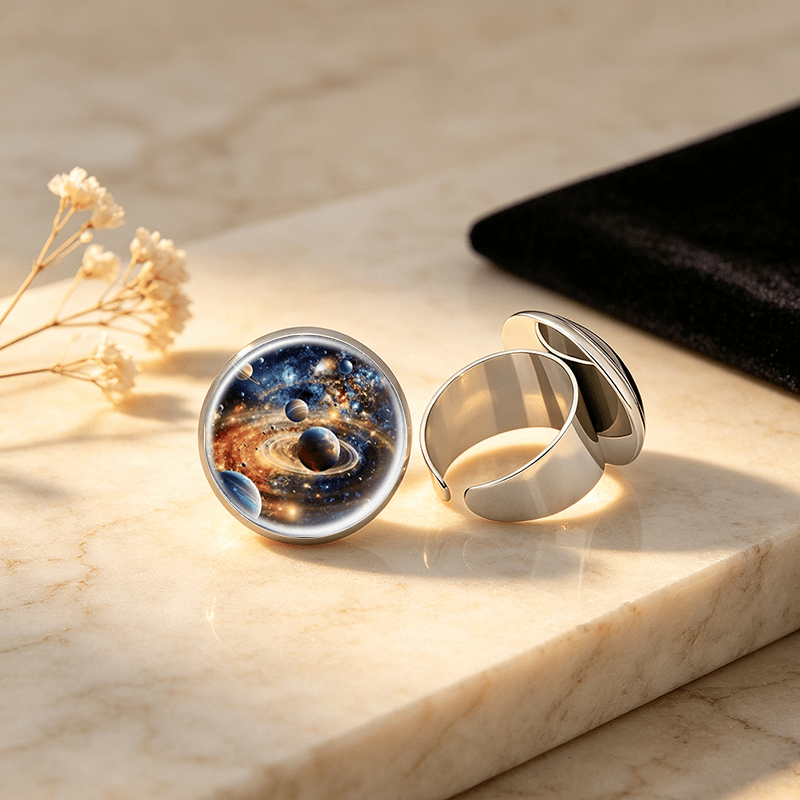 Adjustable White Ring with Universe Planets Design