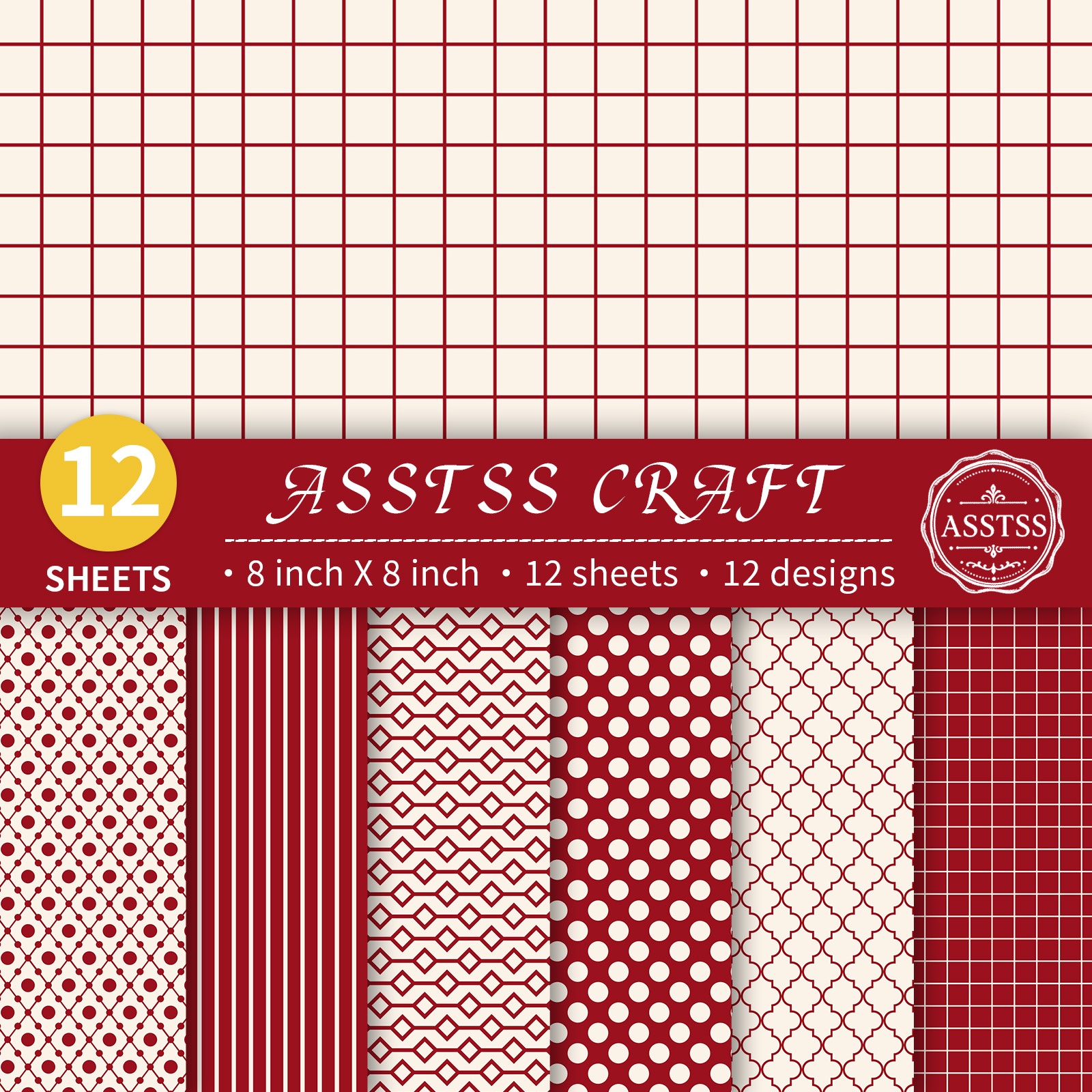 TEMU 12-sheet Asstss Heavyweight Scrapbooking Paper Pad Suitable For Journaling, Collage Art & Crafts - Wine-red Polka-dot Vertical Stripe Grid,