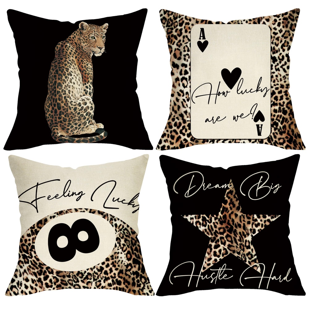 TEMU 2d Flat 4pcs Spring Summer Pillowcases Multi-sizes , Printed With Leopard, Playing Cards, And Patterns, Brown, Black, And Off-white ,