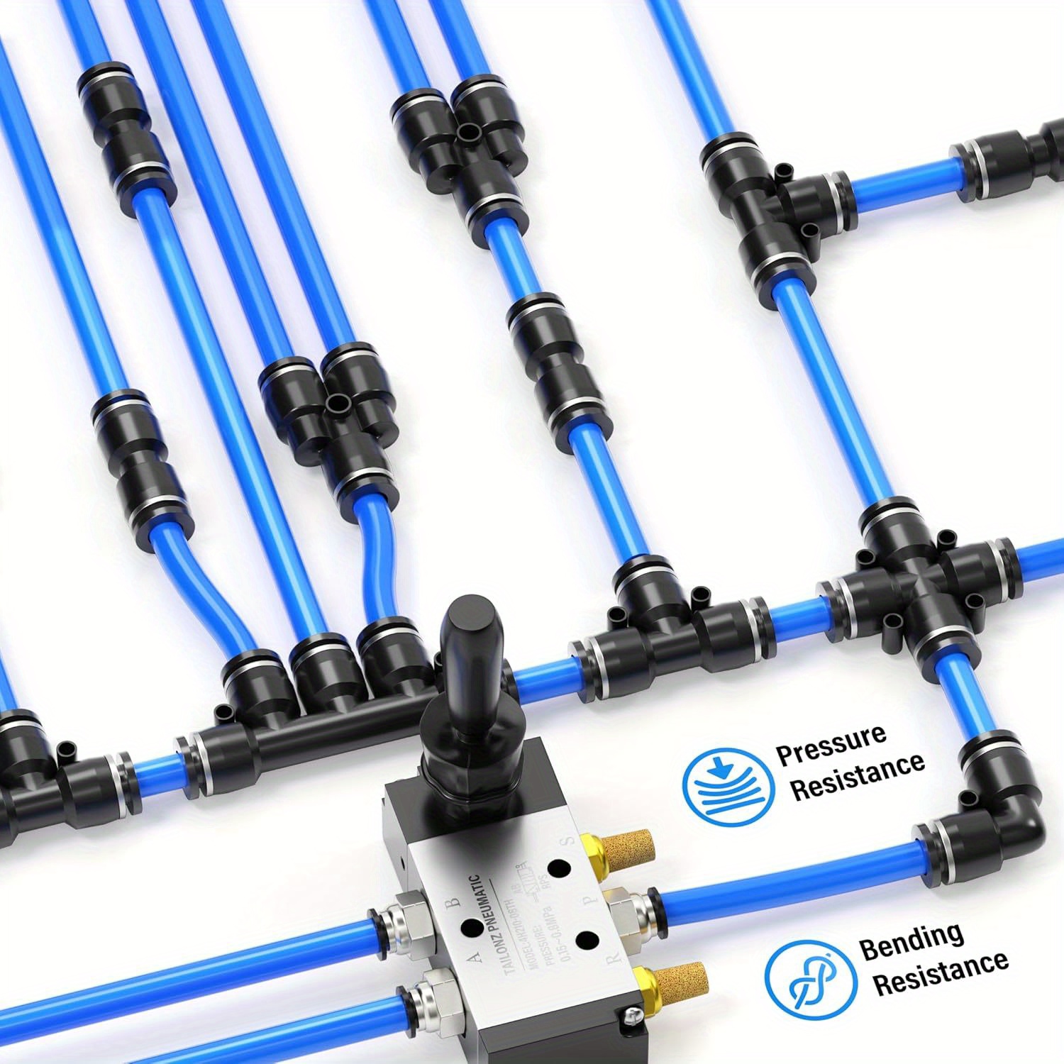 Kit Tuyau Air PU 4mm - 10 Mètres NOIR Avec Raccords Push - Pour Systèmes Pneumatiques