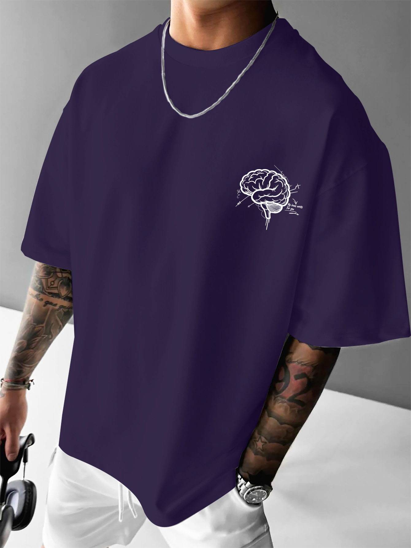 American Style Men'S Casual Round Neck T-Shirt with Thought-Provoking Slogan And Brain Print for Casual Gatherings And Trendy Outfits