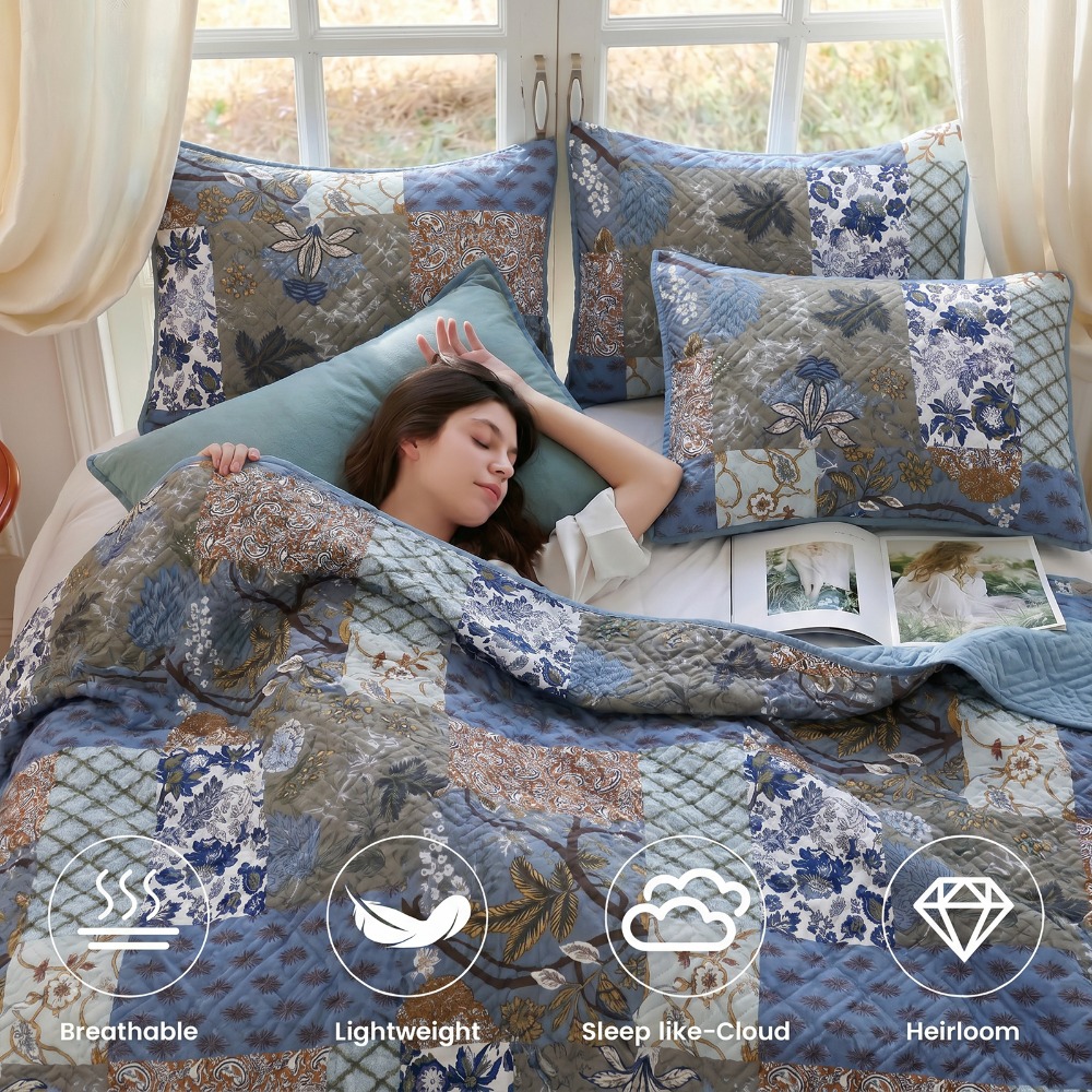 1 3pcs queen size bohemian quilted comforter bedspread lightweight breathable double sided suitable for bedding   green bedspread suitable for bedrooms guest rooms machine washable bedspread with quilted Product details 4