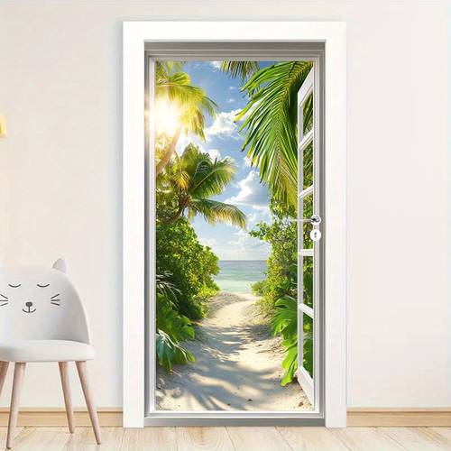 abnehmbares design: zeitgenössischer türaufkleber mit tropischer strand- | sonnendurchfluteter sandpfad zum ruhigen meer wandtattoo | abnehmbare papierkunst für schlafzimmer & wohnzimmer | lebendiges palmen-design | einfache anbringung, kein erforderlich, strand-themen-dekor