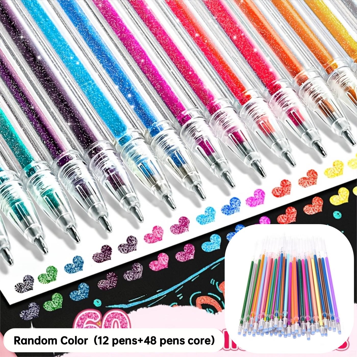 TEMU 60pcs (12 Pens + 48 Refills) Random Color Glitter Gel Pens, Quicksand Shiny Aurora Glowing Highlighter Pens For Journaling. Are Office And Study