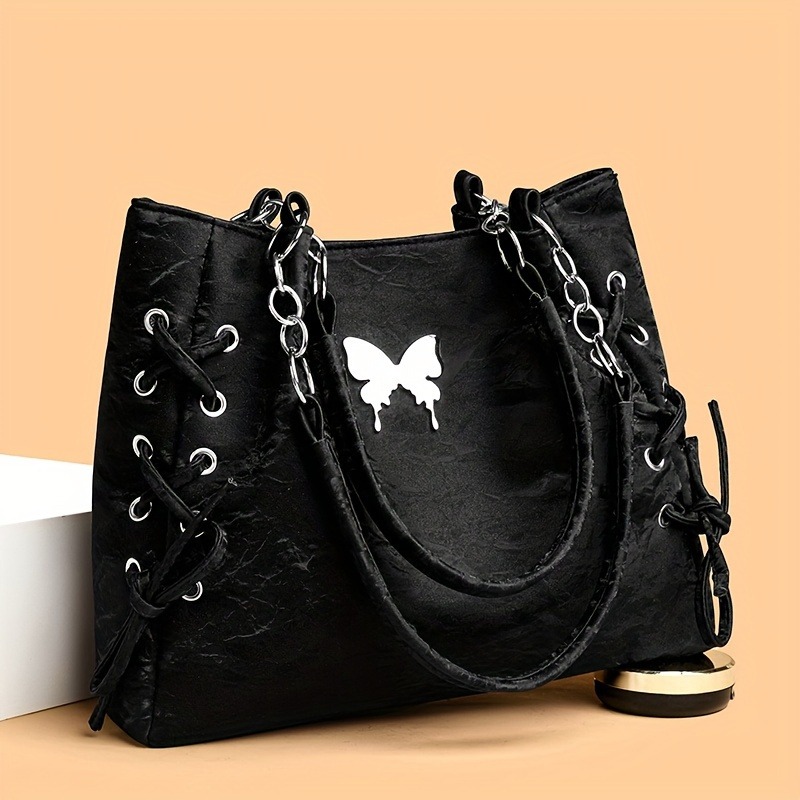 

Chic Black Tote Bag With Bow Detail - Spacious & Shoulder Bag For Women, Polyester, Zip Closure