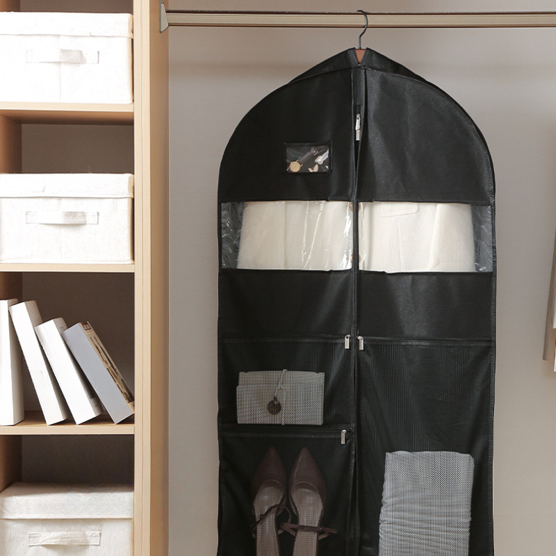  large capacity hanging garment bag with transparent window zipper closure and multiple pockets ideal for suits and dresses travel and storage durable non woven material luggage for travel details 4