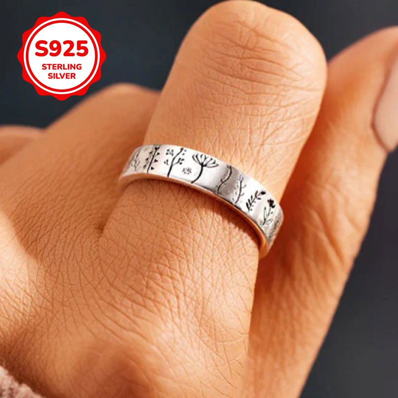 S925 Pure Silver Carved Flower & Tree Pattern Ring