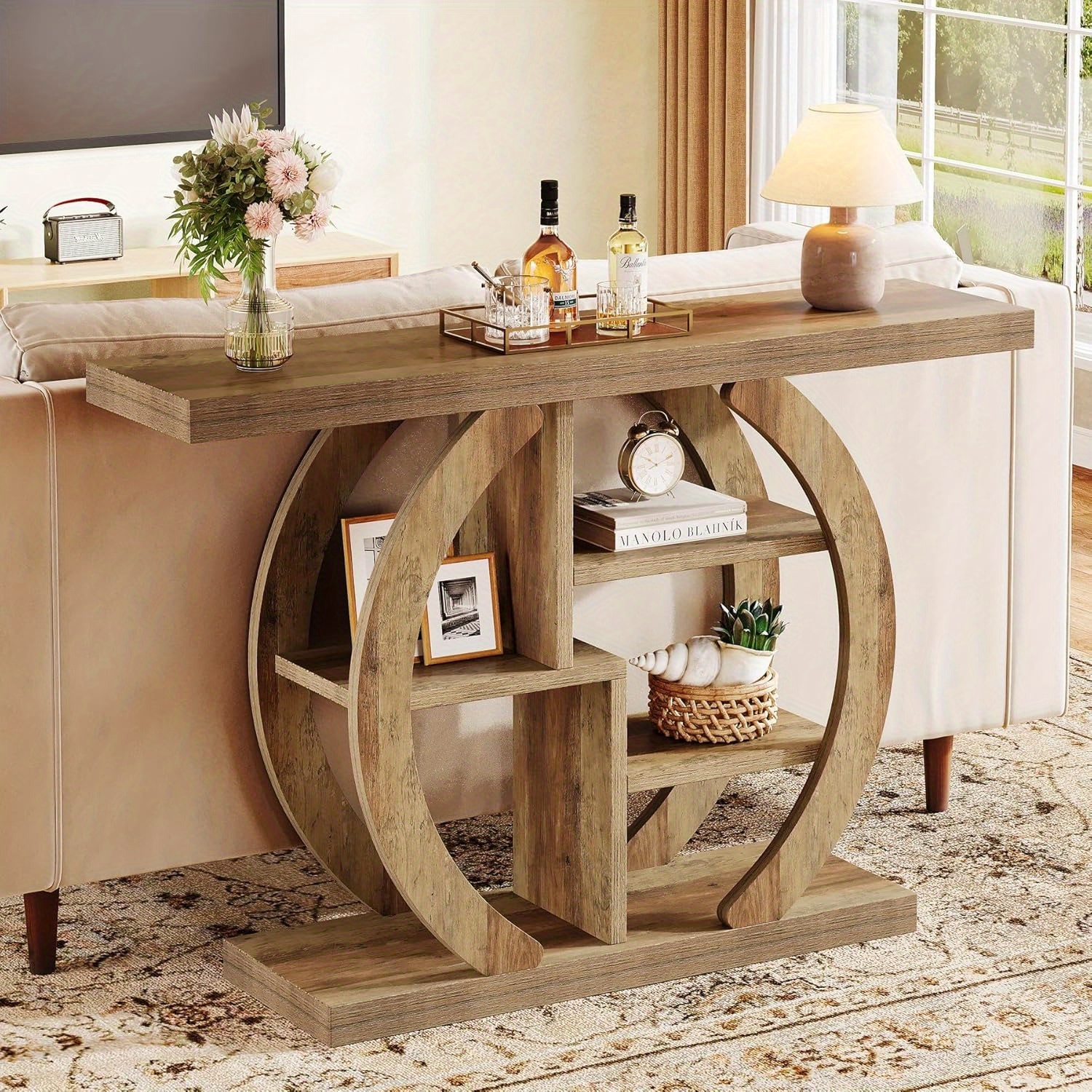 TEMU Console Table With Unique Circle Base, 4-tier Sofa And Entryway Table Featuring Wood Accent And Storage Shelves - Space-saving Solution For