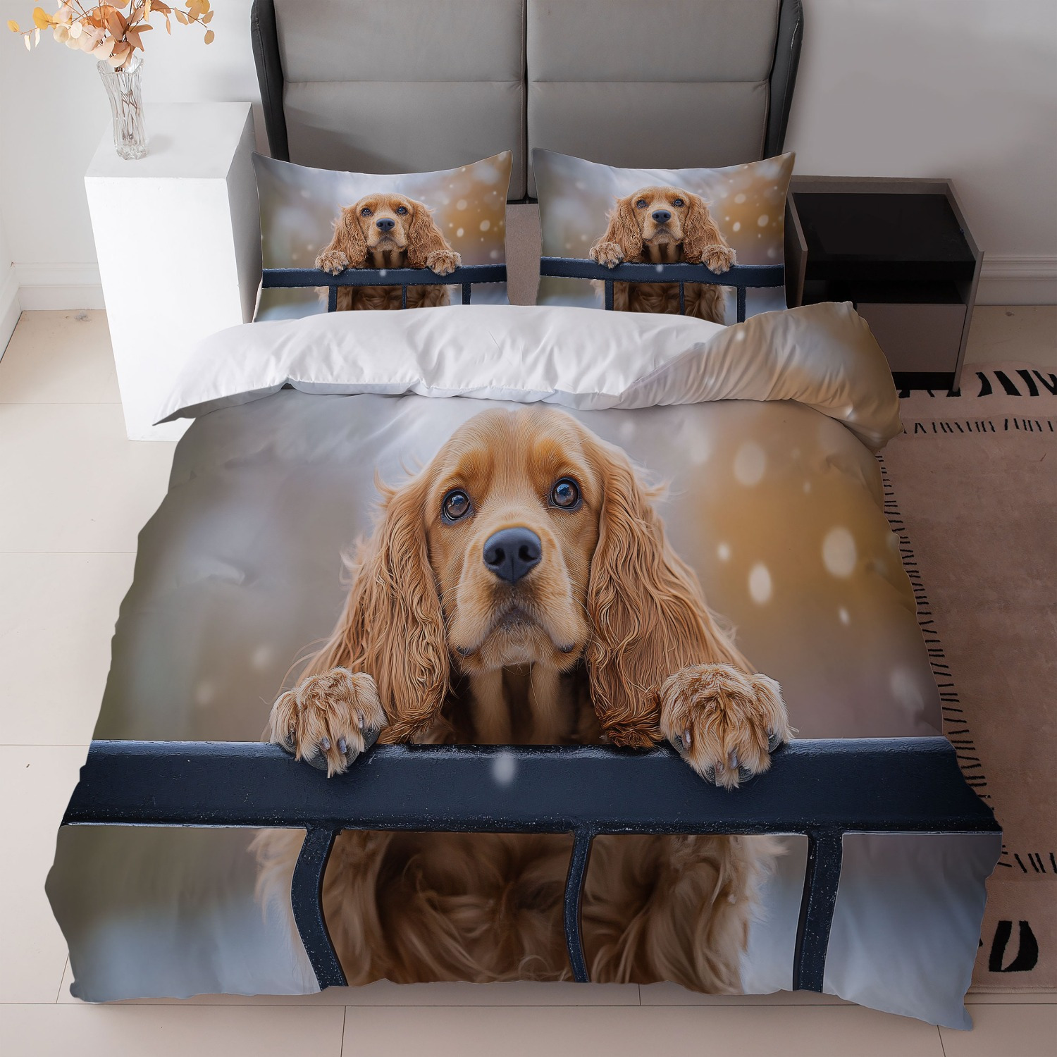 TEMU 3pcs Bedding Set White With Spaniel Print (1duvet Cover   2pillowcase, Without Core) For Bedroom