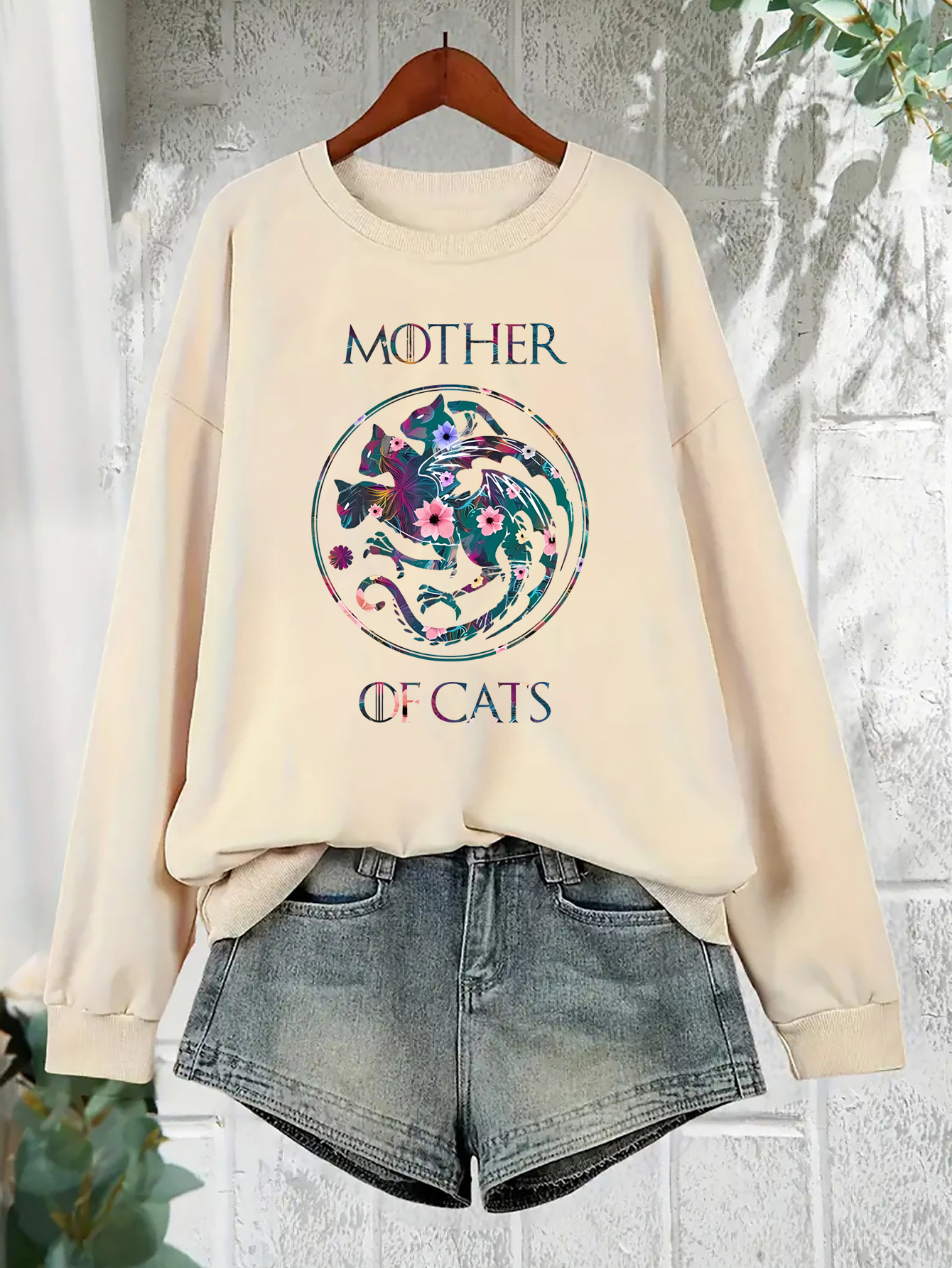 1pc womens mother of cats printed pullover sweatshirt casual crew neck long sleeve knit   polyester   stretch fabric   fashion elegant style