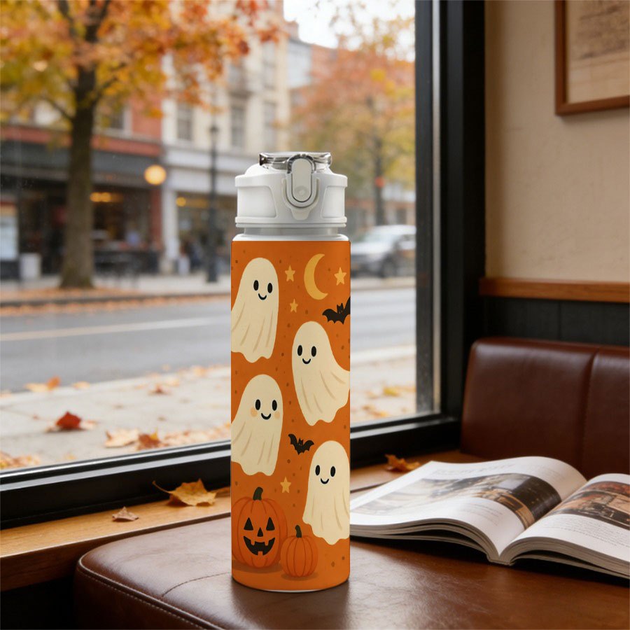 TEMU Bouteille d'eau réutilisable 25Oz/750Ml, gobelet à boire avec impression 2D intégrale, couvercle à paille Pop Top, joyeux, chauves-souris,