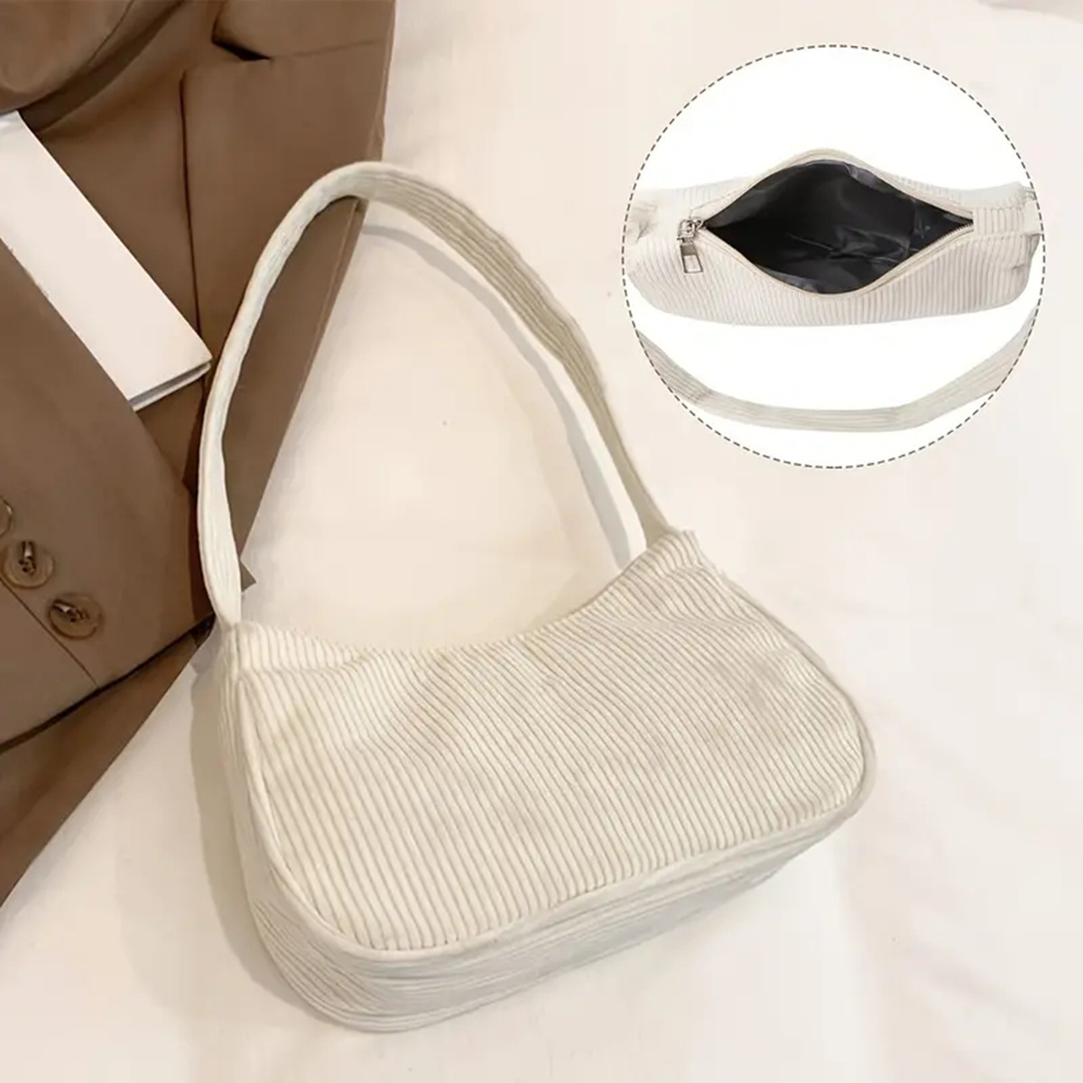 A Stylish Vintage Corduroy Shoulder Bag, Small And Plush, Perfect For Carrying Under Your Arm