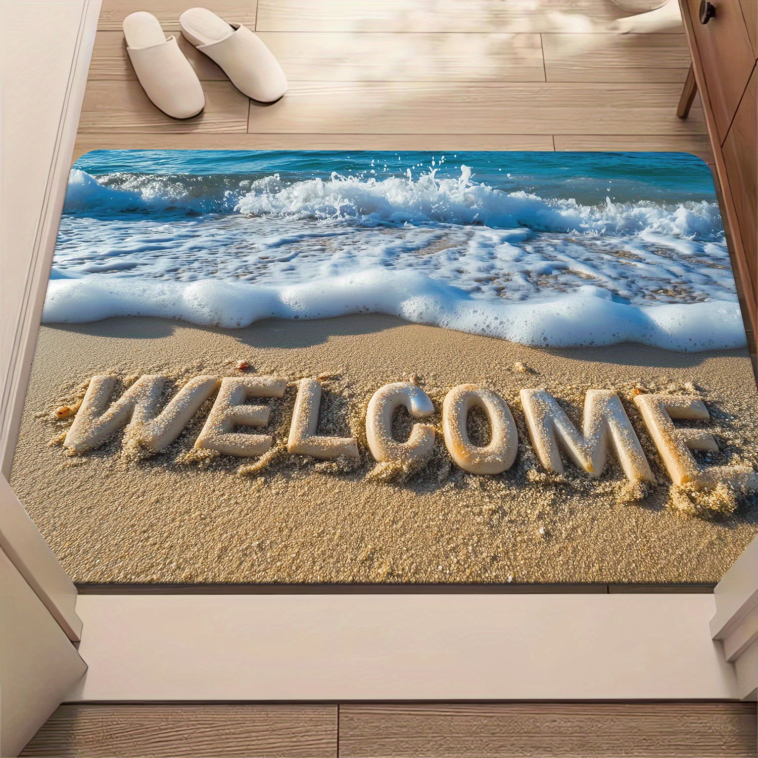 TEMU 1pc, Hd Printed Door Mat With A 'welcome' Design, Non-slip Bathroom Floor Mats, Microfiber Absorbent Polyester Rug Suitable For Bedroom, Living