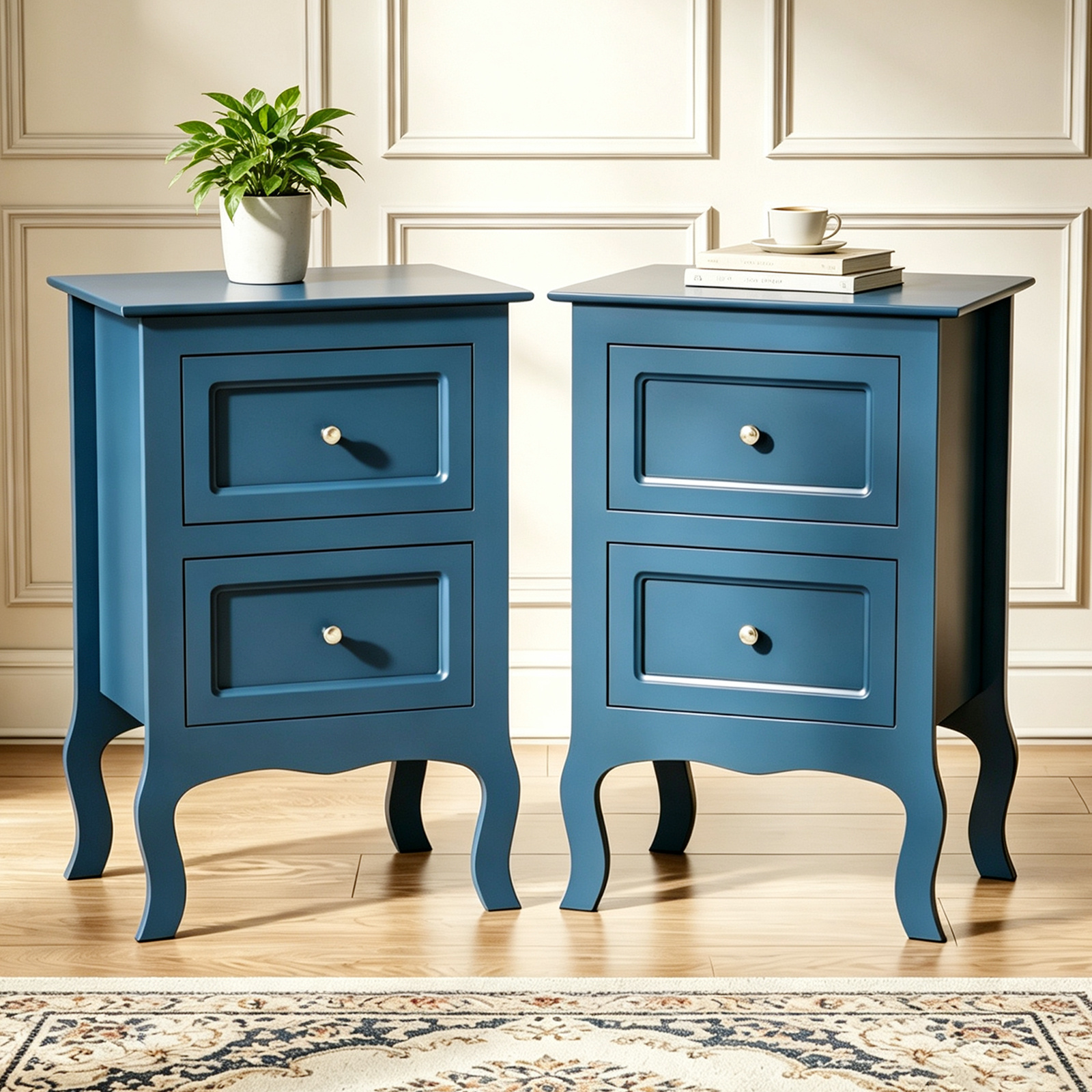 Image of Upgraded Solid Wood Navy Blue Nightstand With 2 Drawers, Heavy-duty Bedside Table With Curved Legs, End Table With Storage For Bedroom Living Room, 23.62' Tall
