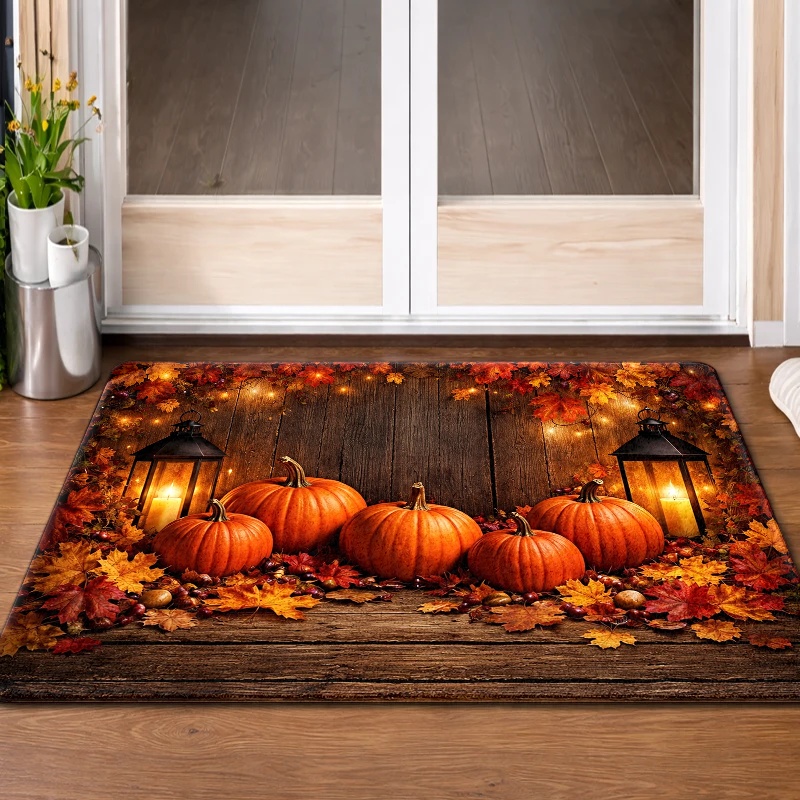 TEMU 1pc, Door Mat, Outdoor Courtyard Door Mat, Autumn Pumpkin And Maple Leaf Floor Mat, Durable,, Machine Washable, Universal Doormat/entryway