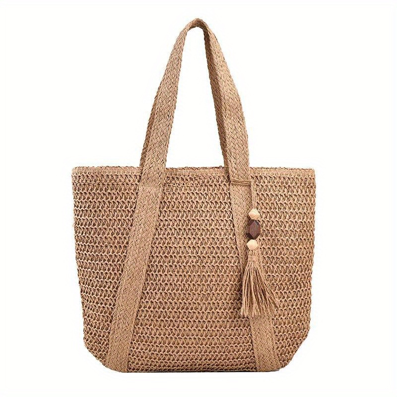 Large Capacity Bohemian Straw-Style Fabric Satchel Bag with Tassel  Zipper Closure Women's Summer Beach Travel Shoulder Bag, Mixed Co