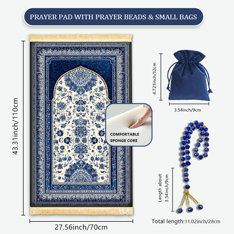 E-shop Muslimisches Gebetsteppich-Set mit Tasbih-Gebetskette exquisiter Tasche – Weiche dicke Gebetsteppiche für Männer Frauen – Ideal für Gebete zu