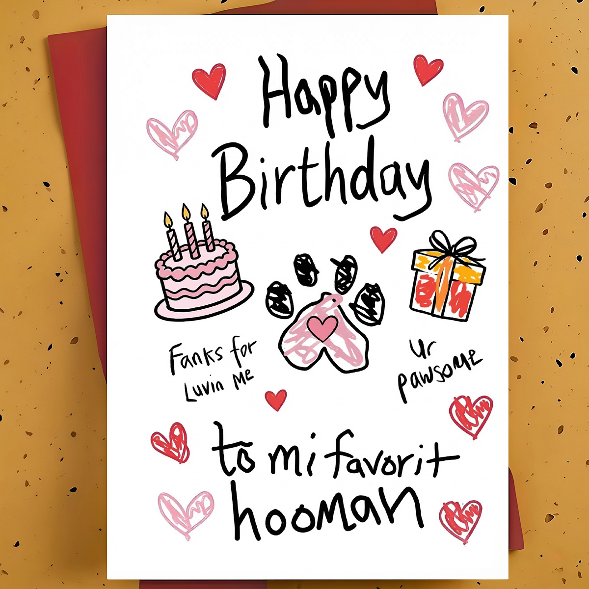 TEMU 1pc Cute Birthday Greeting Card For Pet Parent, One, – Paw Print & Birthday Cake Hand-drawn Cartoon, Sweet Card, With Envelope