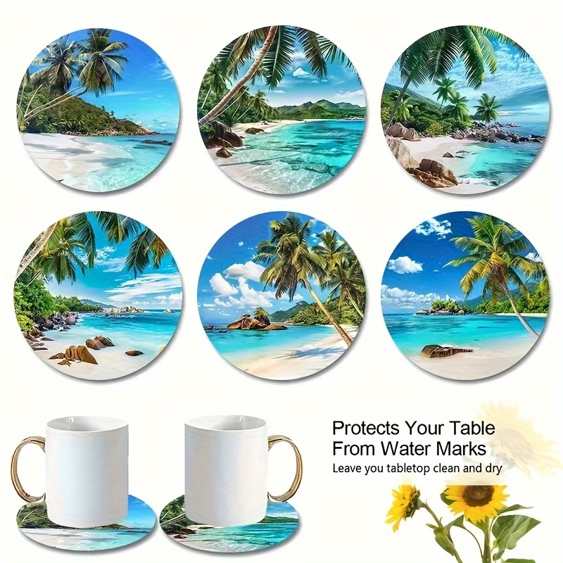 TEMU A Set Of 3.74inch Tropical Beach Scene Cork Coasters, Diameter 6, Realistic Coastal Vacation Palm Trees Beach Natural Scenery Wooden Coasters,
