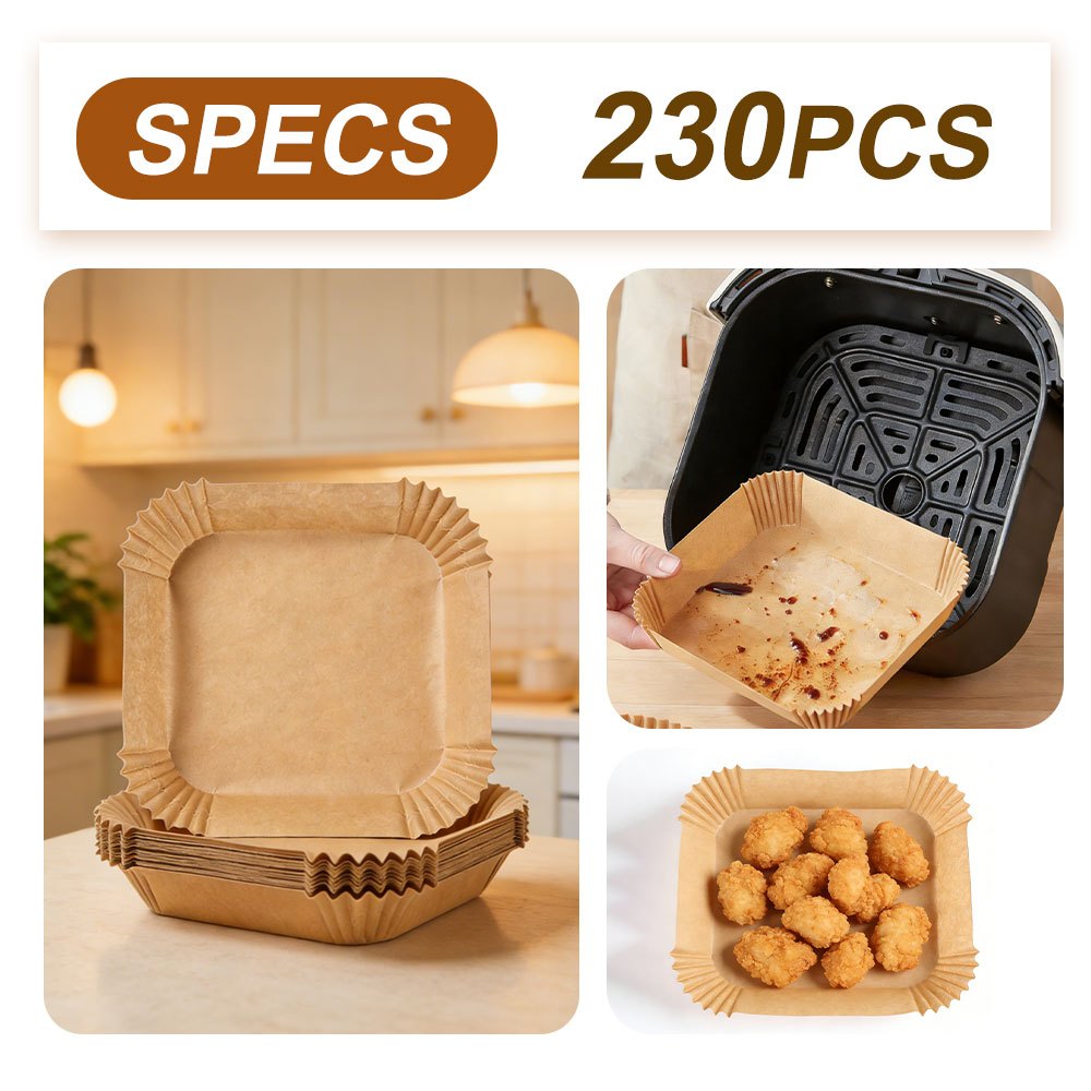 E-shop 230 Stück Einweg-Airfryer-Papiere - Quadratische Frittierkorb-Einlagen, Antihaftbeschichtung, leicht zu reinigen, geeignet zum Backen,