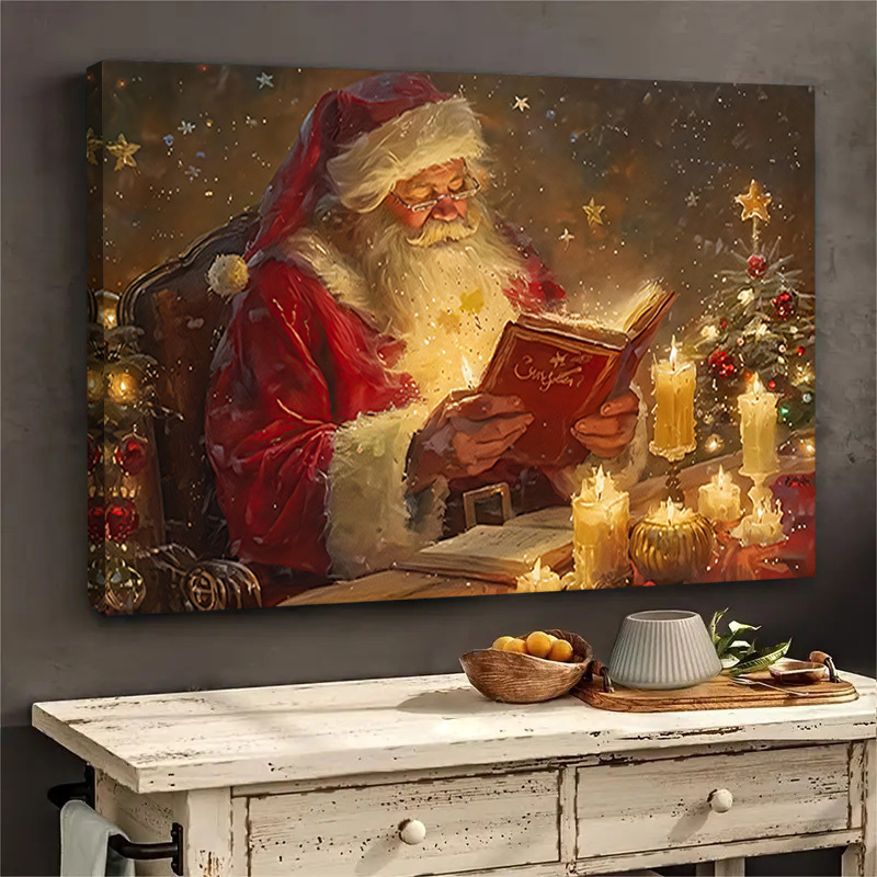 TEMU 1pc Frame Painting Retro Christmas Wall Decoration Santa Claus Reading Canvas Poster Decoration Merry Christmas Wall Art Fun Pastoral Style Wall