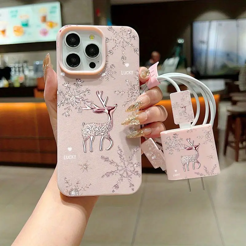 Phone Case: 5pcs Set: Pink Deer Print Phone Case with Texture + Charger Head Cover + Cable Protector + Storage Strap, TPU Shockproof Case Compatible with iPhone 6/7/8/X/Xs/XR/XS Max/11/12/13/14/15/16 ... Phone Case: 5pcs Set: Pink Deer Print Phone Case with Texture + Charger Head Cover + Cable Protector + Storage Strap, TPU Shockproof Case Compatible with iPhone 6/7/8/X/Xs/XR/XS Max/11/12/13/14/15/16 ...