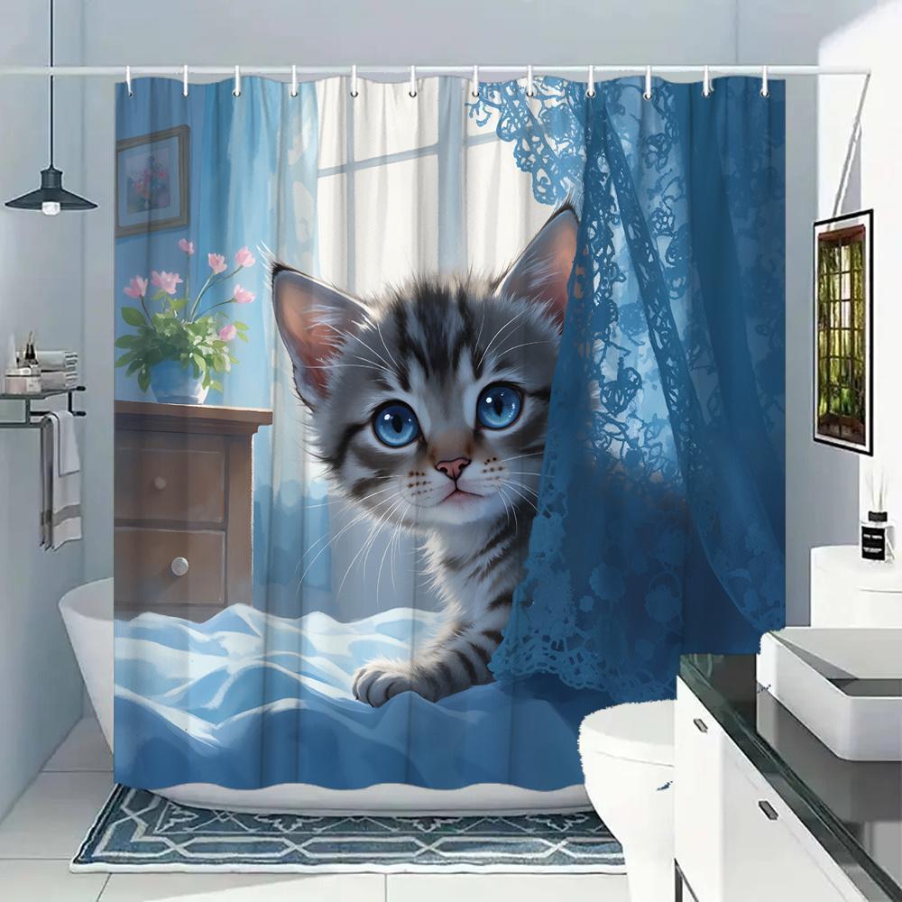 TEMU Rideau de douche 1 pièce avec chaton tigré, convient pour - Bleu avec crochets, tissu lavable en machine, haut , s' à la décoration de baignoire