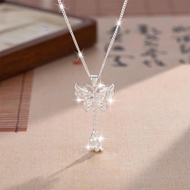 TEMU | S925 Sterling Silver Hollow Necklace - Boho Style For Graduation & 2026, Chic Pendant, High-polish End