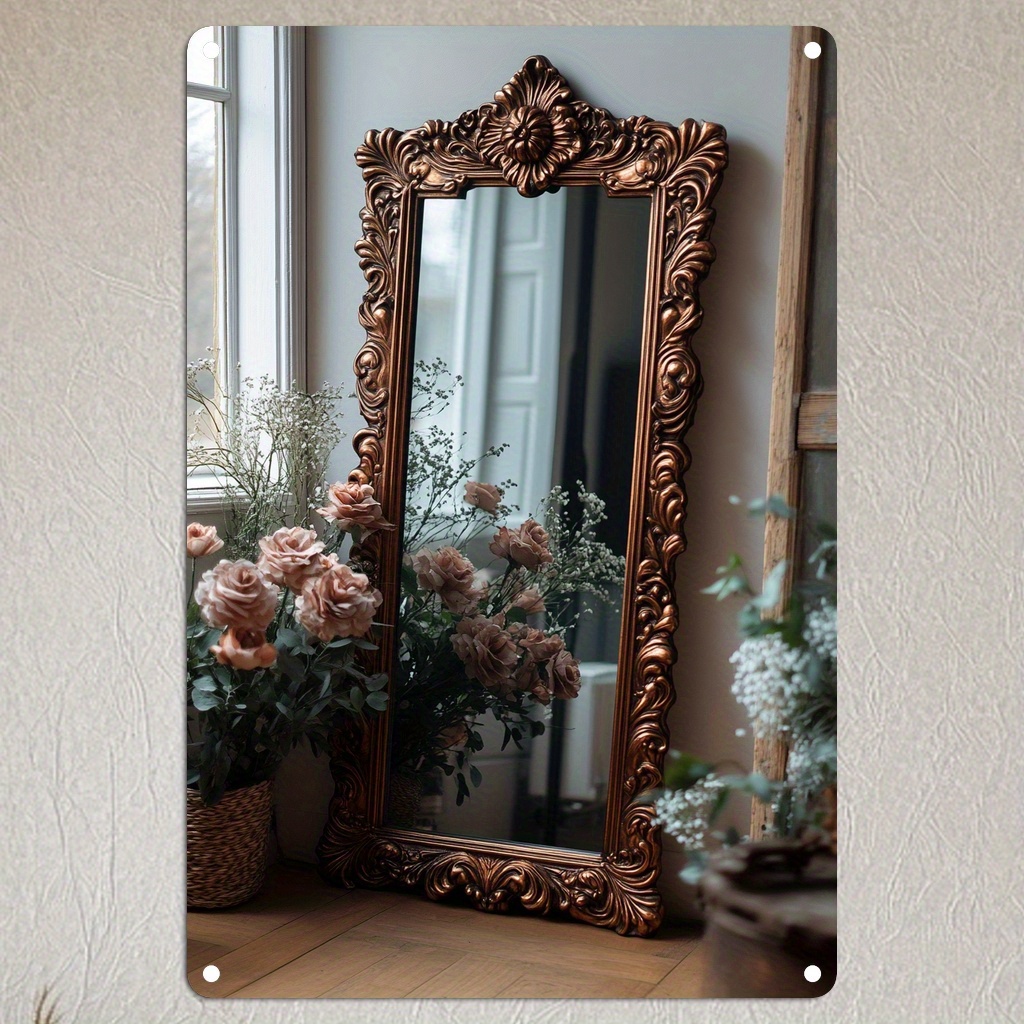 

1pc Elegant Aluminum Wall Mirror, Style Decorative Square Mirror With Frame, Vintage Metal For Home Decor, Painting Effect, Historical And Cultural Journey